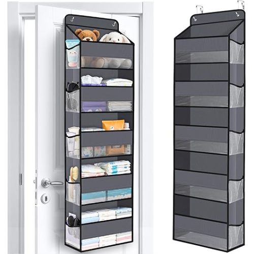 WISELIFE Over The Door Organizer Storage with 5 Large Pockets Door Hanging Organizer with Clear Windows behind The Door Storage for Nursery Bedroom Bathroom Pantry Closet and Baby Essentials Dark Grey