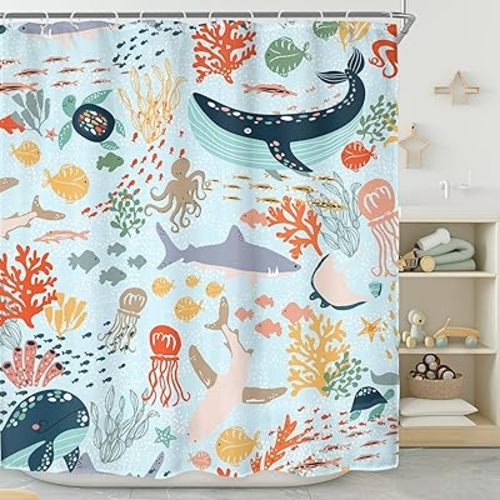 Riyidecor Shark Kids Fish Shower Curtain for Bathroom Decor 72Wx72H Teal Blue Sea Animal Ocean Whale Funny Cartoon Underwater Turtle Boys Art Printed Fabric Polyester Waterproof 12 Pack Plastic Hooks
