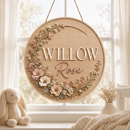 Personalized Floral Nursery Sign, Custom Wooden Baby Name Decor, Boho Baby Girl Room Wall Art, Round Wood Plaque
