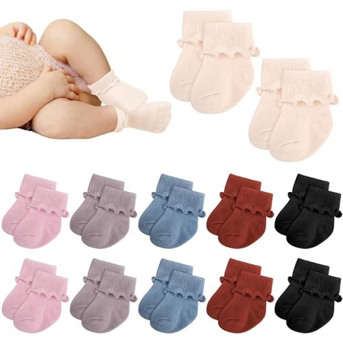 Toulite 12 Pairs Preemie Newborn Baby Ankle Socks Ruffle Turn Cuff Cotton Non-slip Warm Socks for Girls and Boys Infant