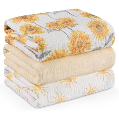Muslin Swaddle Blankets for Newborn, 3 Pack Breathable Soft Receiving Blanket, Large 38 x 40 inches Swaddle Wrap Burping Clothes, Essentials Infant Shower Items, Toddler Gift (Sunflower)