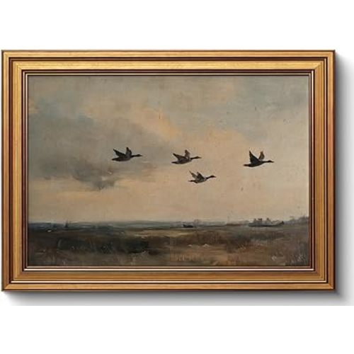 Gold Framed Wall Art Vintage Flying Duck Canvas Wall Art Retro Bird Artwork Nature Spring Landscape Prints Rustic Cottagecore Summer Picture for Living Room Farmhouse Office Decor, 12x16