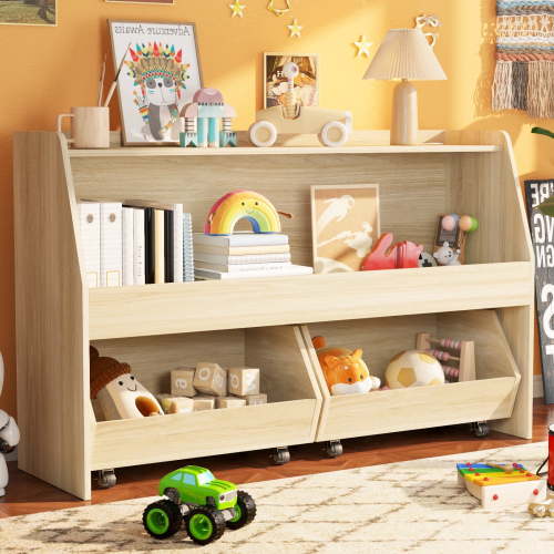 Fowroa Modern 2 Tier Portable Kids Toy Storage Organizer Bookcase with 2 Removable Bins 4 Wheels Wood