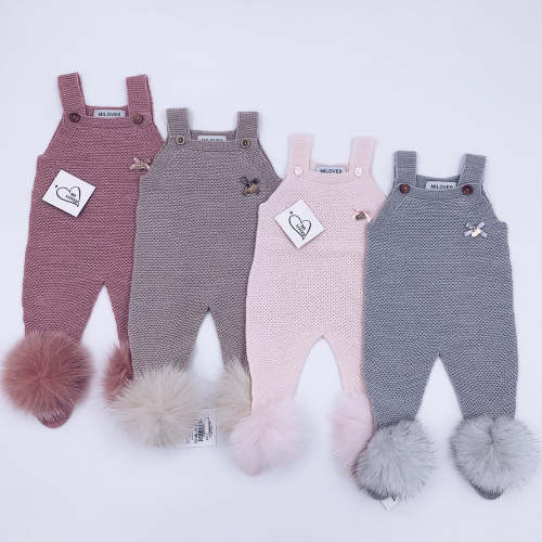 MI LOVES SIGNATURE Luxurious knitted Dungarees with fox fur pompoms(AL