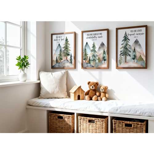 Nursery Bible Verse Quotes - Forest Trees Mountain Wall Art - Woodland Nursery Decor Set of 3 - Framed, Canvas, or Art Prints WC