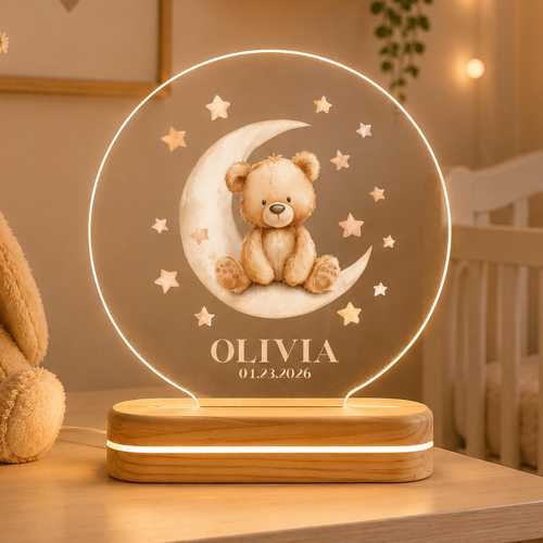 Personalized Teddy Bear Moon Night Light, Custom Baby Name Nursery Decor Lamp