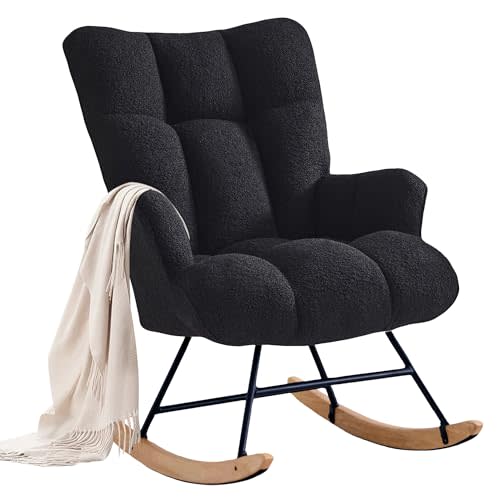 Zedachica Rocking Chair Nursery Teddy Upholstered Glider Rocker Rocking Accent Chair Padded Seat with High Backrest Armchair Comfy Side Chair for Living Room Bedroom Offices (Black Teddy)