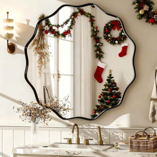 BEAUTYPEAK 24" Wavy Round Bathroom Mirror Wall Decor with Deep Frame, Black