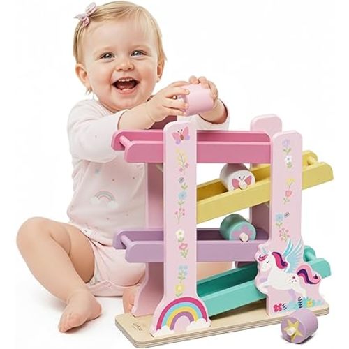 Lehoo Castle Wooden Car Ramp Toys for 1 Year Old Girl Birthday Gifts, Unicorn Montessori Toys for One Year Old, Wooden Race Track with 4 Rollers, for Toddlers 1-3 Year Old