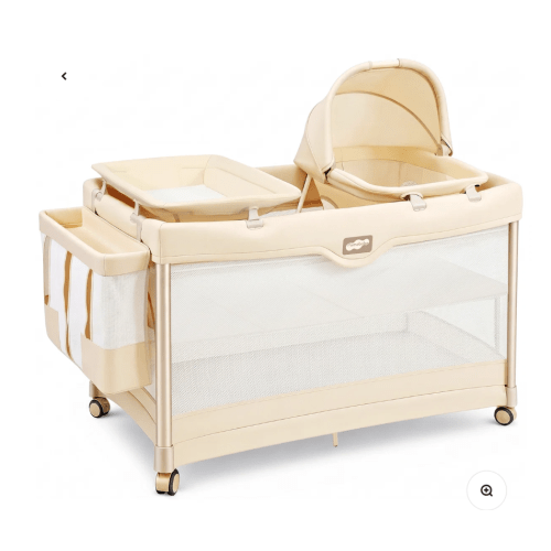 Beige - Pamo Babe Bed Side Sleeper - 6-in-1 Pack and Play with Bassinet, Deluxe One-Step Setup Baby Bassinet with Changing Table, Sleeper Nest, Storage Bag, 4 Wheels Portable Crib Travel Playpen for Baby and Toddler