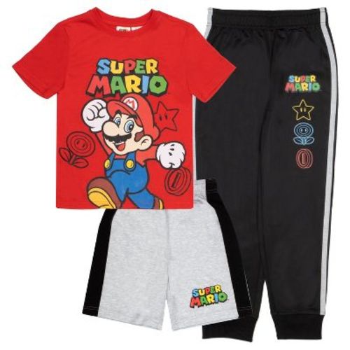 Nintendo Super Mario Boys T-Shirt Sweatpants Atheltic Shorts 3-Piece Set - Red, 2T