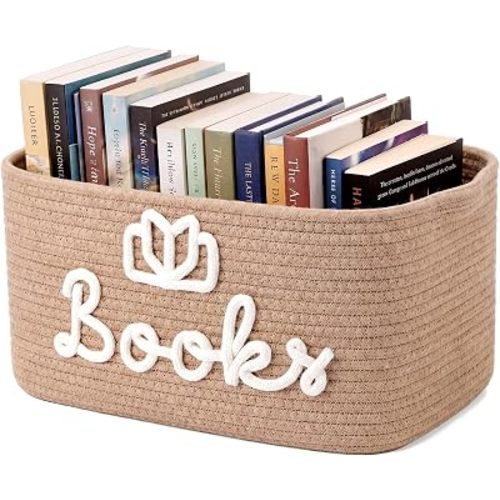 Books Lover Storage Basket Woven Cotton Rope Storage Bins Gift Tbr Rope "Books" Design Basket Bin Bookish Accessories Bookworm Gift for Toy Organizer Club Members Reading Nursery