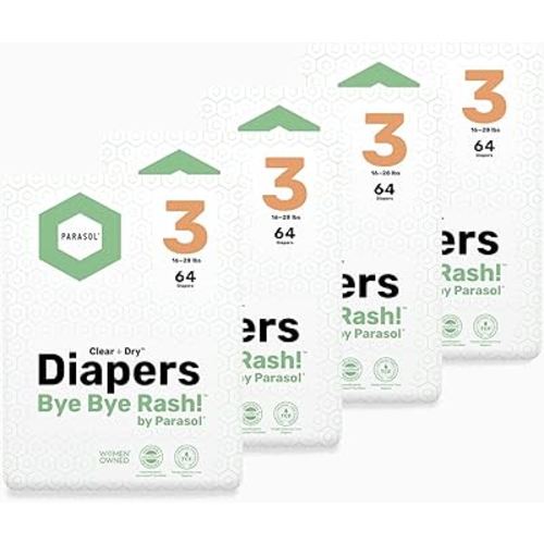 Parasol Clear+Dry Disposable Diapers, RashShield Protection and Leak-Control Fit, Hypoallergenic Diapers, Size 3 (16-28 lbs), 256 Count