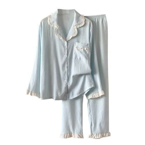 Gapacks Womens 100% Cotton Pajama Set - Ruffle Trim Long Sleeve Button-Down Top & Pants, Blue, Size M-XXL, Soft Breathable Sleep/Loungewear for Home,Size M