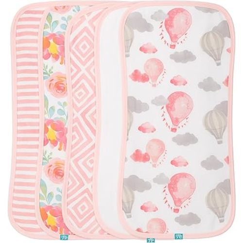 Featherhead™ 5-Pack Muslin Burp Cloths for Baby Girl Large 22" X 11" - Ultra Soft & Extra Absorbent Cotton Terry Backing (Garden Floral)
