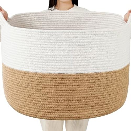 Foldable Laundry Hamper Basket with Collapsible Handle Cotton Rope Soft Woven Fabric Storage Organizer Clothes Toys Nursery Bedroom Dorm Space Saving Bin (White & Camel, 80L(21.7"D x 13.8"H))
