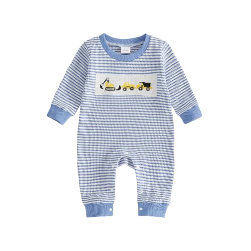 FOCUSNORM Baby Boy Fall Clothes Newborn Winter Outfit Truck Jumpsuit Romper | Truck Embroidered Jumpsuit Waffle Striped Long Sleeve Crew Neck Romper Onesie