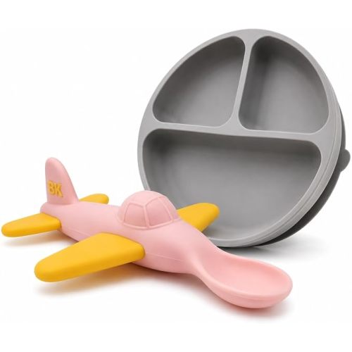 Airplane Baby Spoon and Suction Plate Set - BPA Free Silicone Self Feeding Utensils for Baby Led Weaning, Picky Eaters and Travel - First Stage Toddler Dishes and Bowls 6-18 Months