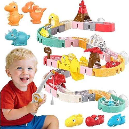 Dinosaur Bath Toys with Track & Fishing Rod – 47PCS Wall Suction Slide Playset for Toddlers, DIY Water Race Track with 6 Dino Toys, Bathtub Fun Gift for Kids Boys Girls Age 3+