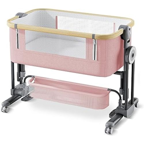 4 in 1Baby Bassinet,Bedside Bassinet for Baby, Rocking Bassinet with Comfy Mattress and Wheels, 7 Height Adjustable Easy Folding Portable Bedside Crib for Newborn（Pink）