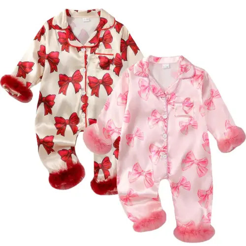 Infant Baby Girls Satin Pajamas Long Sleeve Bow Print Furry Trim - TikTok Shop