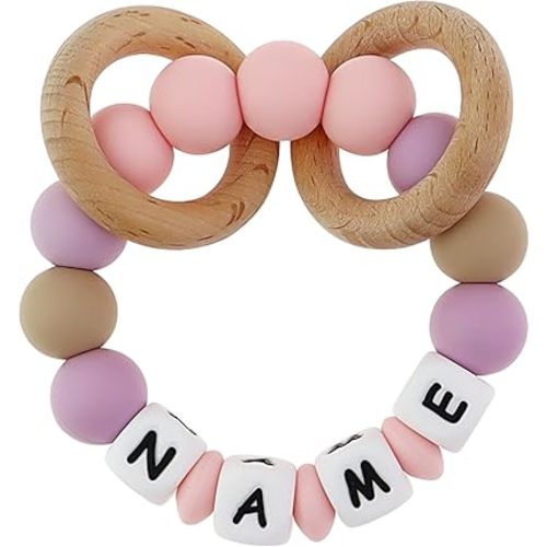Personalized Baby Teether Rattle Rings, Colorful Styles, Custom Stylish Baby Accessories (Pink)