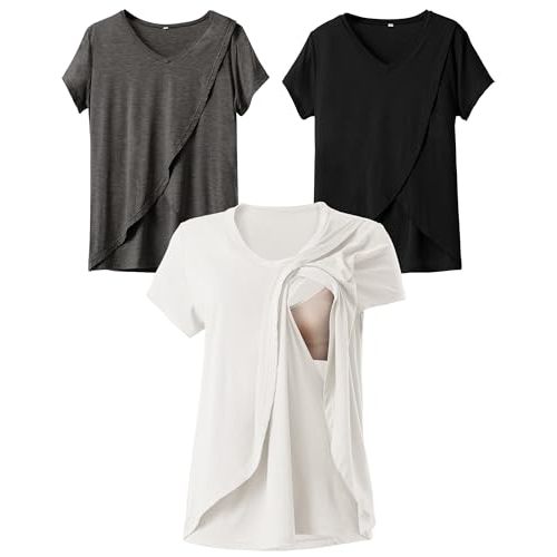 Rnxrbb V Neck Nursing Tops for Breastfeeding Tshirts Summer Postpartum Clothes Sets Short Sleeve 3 Pack Double Layer