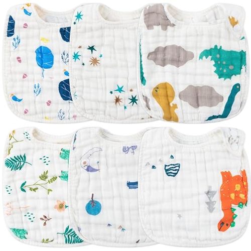 6Pcs Snap Muslin Cotton Baby Bibs Dinosaur Star Bear Pattern Bib, Adjustable Burp Cloths with 6 Absorbent & Soft Layers for Infants Newborns Toddlers Drooling Feeding Teething