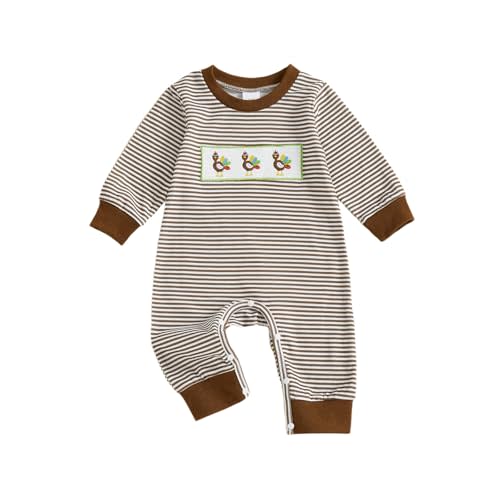 Sasaerucure Infant Newborn Baby boy Thanksgiving Outfit Turkey Embroidery Striped Long Sleeve Romper Jumpsuit