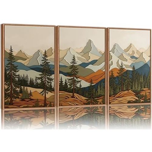 SIGNINART Vintage Mountains Framed Canvas Wall Art, Wooden Forest Wall Decor, Green Wood Pine Trees Wilderness Artwork, Natural Ridge Landscape Art Paintings for Living Room Bedroom Office 16"x24"x3