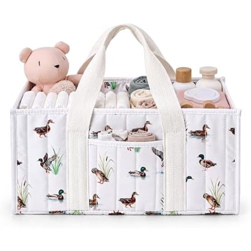 Tallew Mallard Duck Baby Diaper Caddy Organizer Portable Nursery Storage Basket for Diaper Station Quilted Beige Newborn Basket Shower Gift List and Registry for Boy Girl