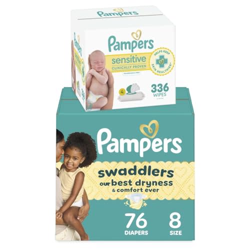 Pampers Swaddlers Disposable Baby Diapers Size 8, One Month Supply (76 Count) with Sensitive Water Based Baby Wipes 6X Pop-Top Packs (336 Count)