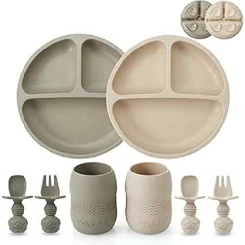 PandaEar Silicone Baby Feeding Set| 2 Pack Silicone Divided Suction Plate and 2 Pack Tiny Cup with 2 Spoons 2 Forks| Baby Led Weaning Supplies Self Feeding Eating Utensils (Light Tan/Walnut)