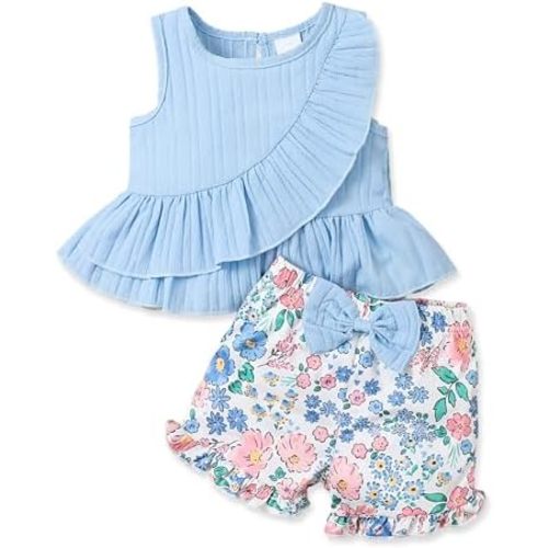 Toddler Baby Girl Clothes Summer Outfits Infant Sleeveless Ruffled Vest Top Shirts Cute Bow Short Sets 2Pcs
