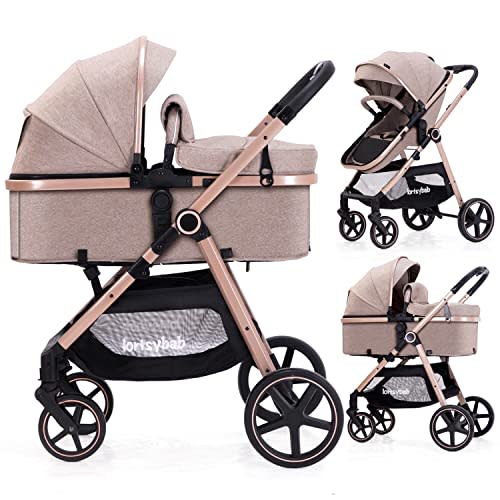 Lortsybab 2-in-1 Baby Stroller - Folding Infant Newborn Pram Stroller with Reversible Seat - Toddler Strollers for 0-36 Months Old Babies (Beige)