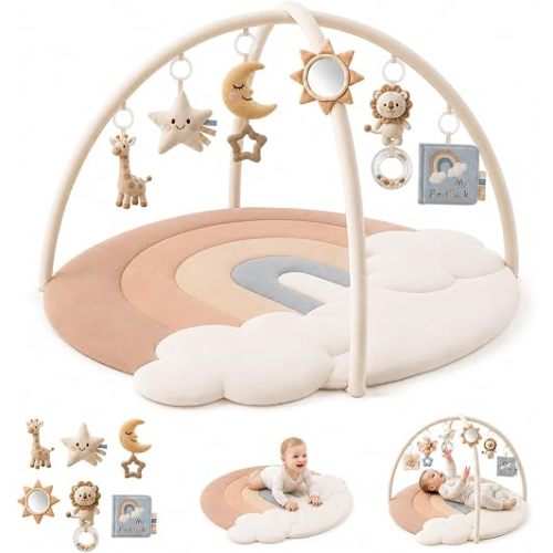 KONSSY Baby Play Gym & Activity Mat, Rainbow Cloud Baby Play Mat for Floor | Tummy Time Mat with 6 Detachable Sensory Toys, Cotton Surface, Anti-Slip Bottom, Newborn Infant Playmat Gift (Oat Rainbow)