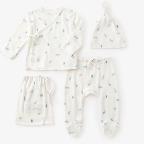 Blue Safari Print Organic Cotton Pointelle Layette 3 Pc Gift Set – Elegant Baby