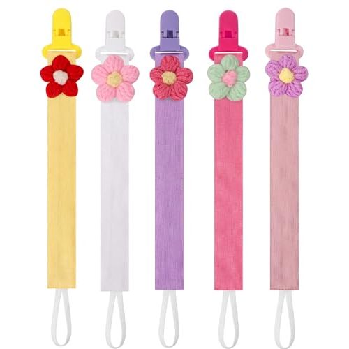 5 Pack Pacifier Clips for Baby Girls, Multicolor Fabric Straps,5pcs Straps, Approx. 11 in / 29 cm, Resin Clips with Inner Grip Design, Fits Most Pacifiers with Handles(8)