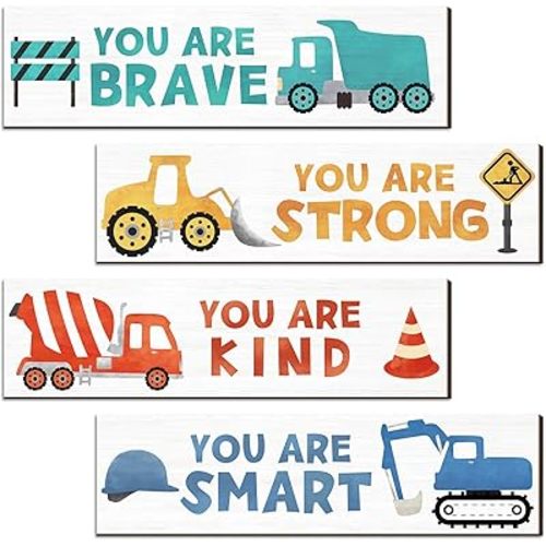 4 Pack Construction Vehicles Bedroom Wall Decor Boys Inspirational Wooden Hanging Wall Sign Motivational Quote Wall Decor for Kids Room, Home, School, Nursery, Kindergarten