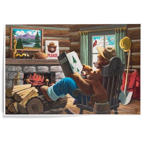 Lantern Press 12x18 Inch Art Print Wall Decor, Smokey Bear, Reading Book to Cubs, Officially Licensed Vintage Poster