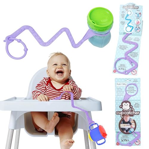 Brilli Baby Cup Catcher Patented Safety Tether Strap, Attach Sippy Cups, Bottles, Pacifiers & More to Stroller, High Chair, Car Seat, Made in USA, Food Grade, Dishwasher Safe, Lavender