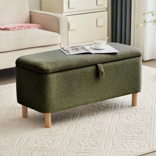 Toy Box- Green Boucle Fabric Storage Ottoman Bench with Padded Seat for Living Room, Bedroom, and Entryway"