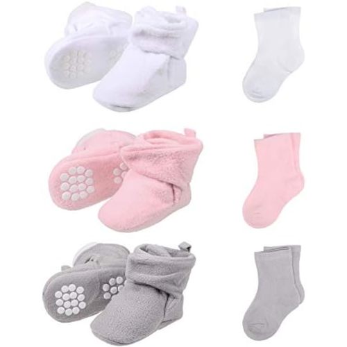 SATINIOR 3 Pairs Unisex Cozy Fleece Baby Booties with 3 Pairs Infant Cotton Socks (White, Gray, Pink,6-12 Months)