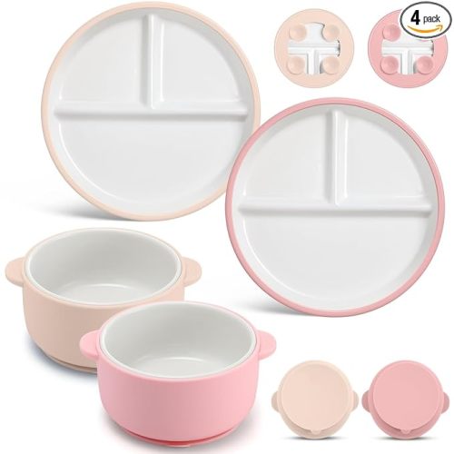 Domensi 4 Pcs Porcelain Kids Plates and Bowls Sets with Suction, 2 Ceramic Toddler Divided Plates 2 Baby Anti Slip Silicone Sleeve Bowls for Feeding Supplies Microwave Dishwasher Safe (Pink,Beige)