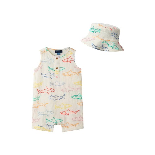 Cotton Seersucker Romper & Hat Set