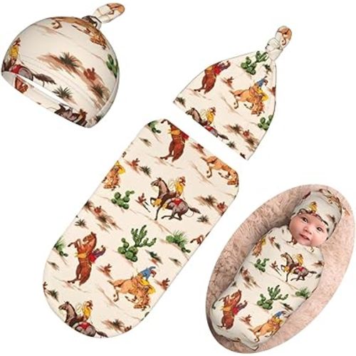 Personality Pink Western Newborn Swaddling Blanket Beanie Hat Funny Blanket Sleeping Bag New Born Sleep Sacks for Boys Girls