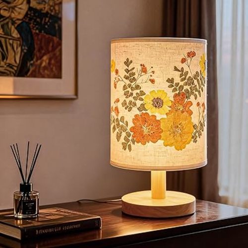 Artisan Crafted Floral Pressed Nightstand Lamp - Handmade Vintage Table Light with Adjustable Warm Glow for Bedroom, Office, or Living Room Decor (Yellow)
