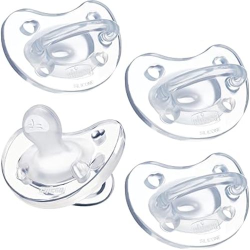 Chicco PhysioForma Silicone Orthodontic Pacifier for Babies 0-6m, One-Piece 100% Soft Silicone, Supports Breathing, Satin-Textured Nipple, Included Sterilizing Case, BPA Free, 4-Pack, Clear