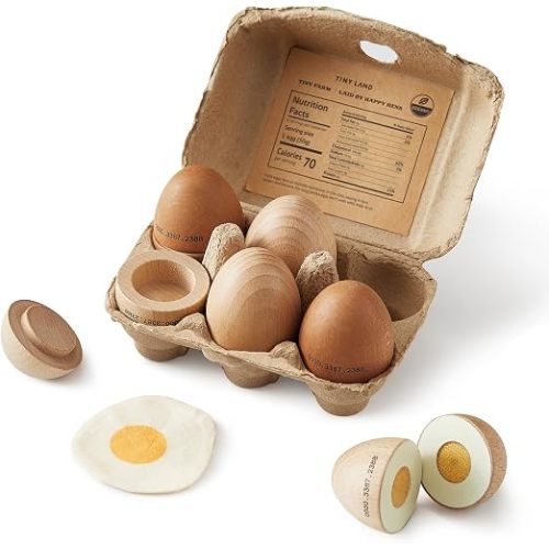 Tiny Land Wooden Play Food for Kids Kitchen, Pretend Food Egg Set Toy | 6PCS Fried Egg&Realistic Carton Cutting Set for Kid, Play Kitchen Accessories, Montessori Toy for Boy and Girl