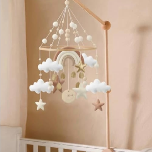 Rainbow Mobile for Crib - A Gender Neutral Boho Mobile for Crib with Gold Stars and Clouds